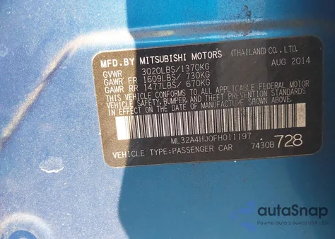 2015 Mitsubishi Mirage Es from USA, damaged, VIN ML32A4HJ0FH011197